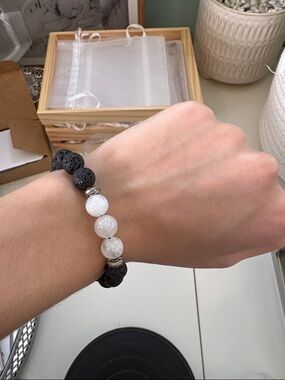 Beaded Black Lava & Moonstone Crystal Stretch Bracelet